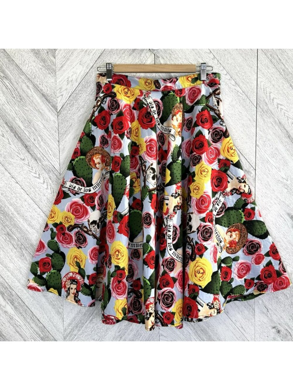 Hell Bunny A-Line Skirt Womens Large Retro Roses Pin Up Tattoo Skulls Print